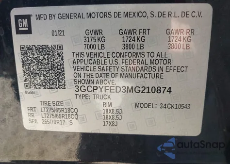 2021 Chevrolet Silverado 1500 4Wd Short Bed Lt Trail Boss from USA, damaged, VIN 3GCPYFED3MG210874